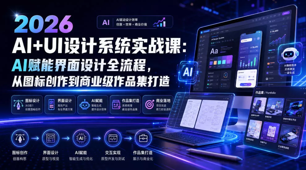 2026 AI+UI设计系统实战课：AI赋能界面设计全流程，从图标创作到商业级作品集打造-泡泡网赚