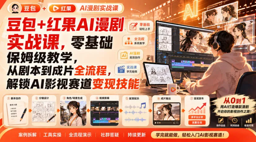 豆包+红果AI漫剧实战课,零基础保姆级教学,从剧本到成片全流程,解锁AI影视赛道变现技能 豆包+红果AI漫剧实战课,零基础保姆级教学,从剧本到成片全流程,解锁AI影视赛道变现技能