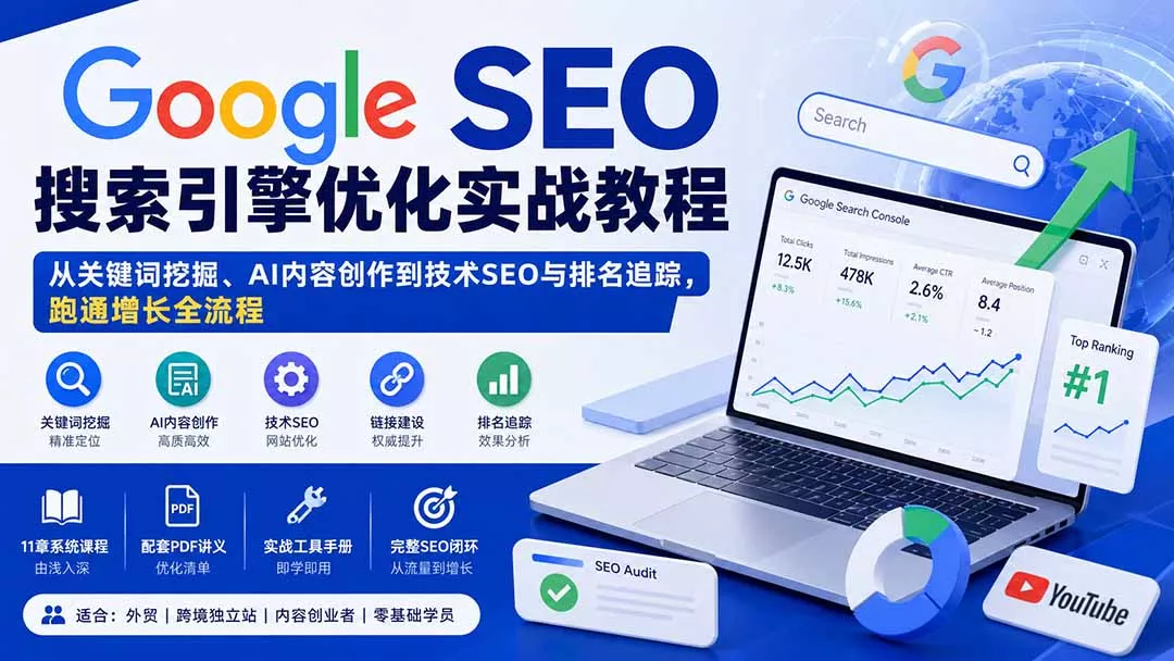 Google SEO搜索引擎优化实战教程：从关键词挖掘、AI内容创作到技术SEO与排名追踪，跑通增长全流程-泡泡网赚