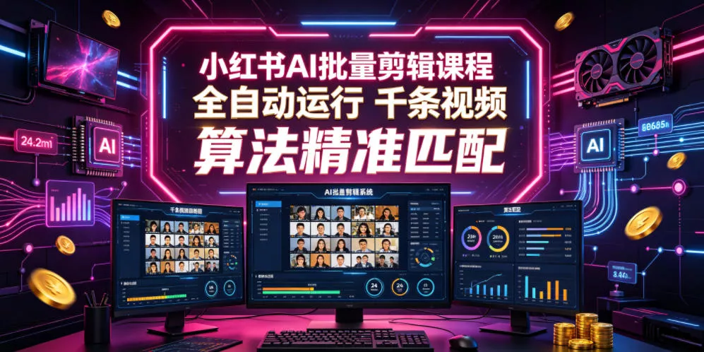 小红书AI批量剪辑课程，24小时全自动运行，解放双手专注运营，千条视频批量处理，小红书算法精准匹配-泡泡网赚