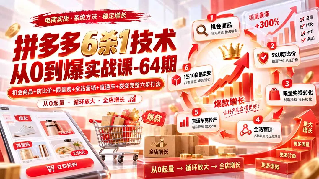 拼多多6杀1技术从0到爆实战课-64期：机会商品+防比价+限量购+全站营销+直通车+裂变完整六步打法-泡泡网赚