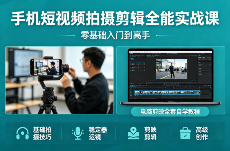 手机短视频拍摄剪辑全能实战课：零基础入门到高手，稳定器运镜+电脑剪映全套自学教程-泡泡网赚