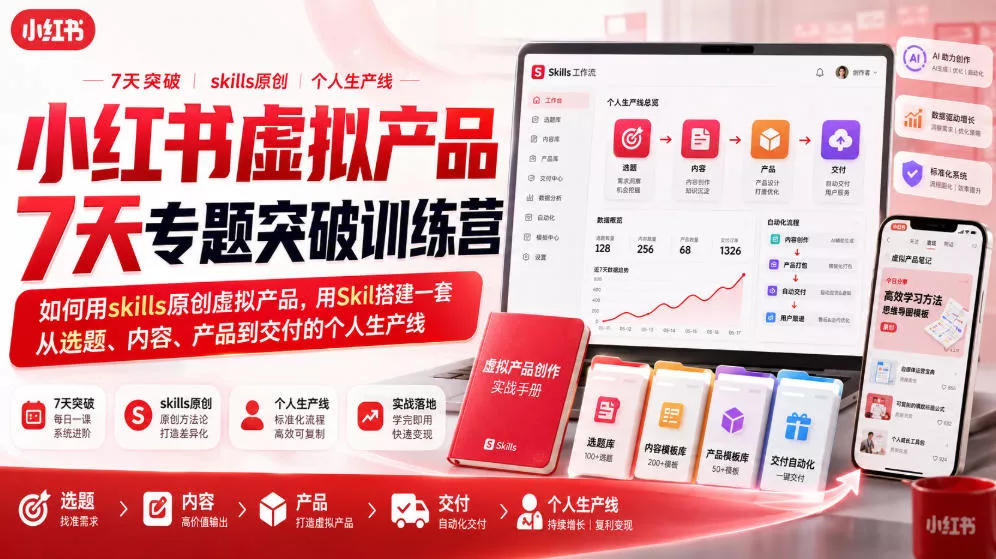 小红书虚拟产品7天专题突破训练营,如何用skills原创虚拟产品,用Skil搭建一套从选题、内容、产品到交付的个人生产线 小红书虚拟产品7天专题突破训练营,如何用skills原创虚拟产品,用Skil搭建一套从选题、内容、产品到交付的个人生产线