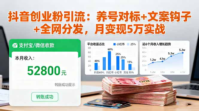 抖音创业粉引流：养号对标+文案钩子+全网分发，月变现5万实战-泡泡网赚