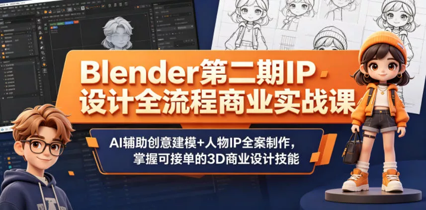 Blender第二期IP设计全流程商业实战课，AI辅助创意建模+人物IP全案制作，掌握可接单的3D商业设计技能-泡泡网赚