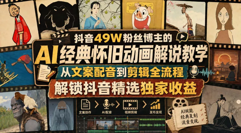 抖音49W粉丝博主的AI经典怀旧动画解说教学，从文案配音到剪辑全流程，解锁抖音精选独家收益-泡泡网赚
