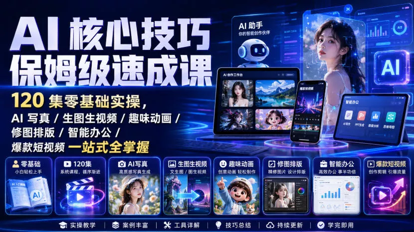 AI核心技巧保姆级速成课｜120集零基础实操，AI写真/生图生视频/趣味动画/修图排版/智能办公/爆款短视频一站式全掌握-泡泡网赚