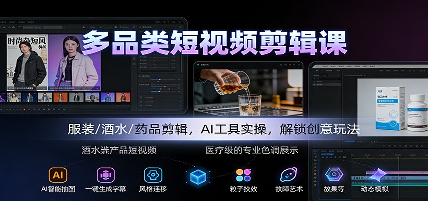 多品类短视频剪辑课：服装/酒水/药品剪辑，AI工具实操，解锁创意玩法-泡泡网赚