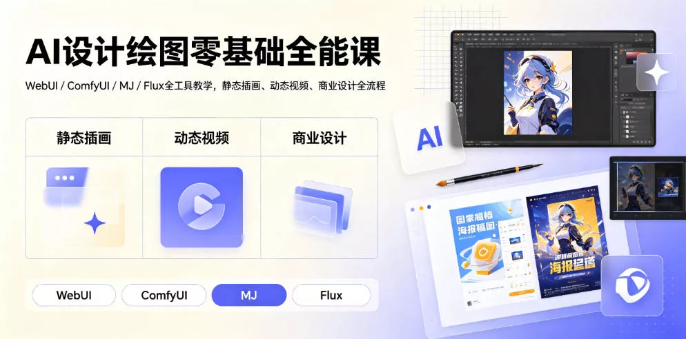AI设计绘图零基础全能课｜WebUI/ComfyUI/MJ/Flux全工具教学，静态插画、动态视频、商业设计全流程-泡泡网赚