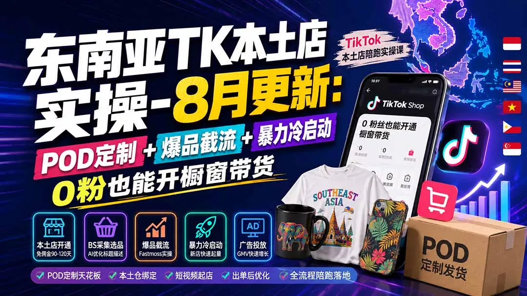东南亚TK本土店实操-8月更新：POD定制+爆品截流+暴力冷启动，0粉也能开橱窗带货-泡泡网赚