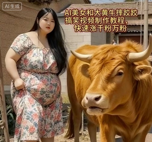 AI美女和大黄牛摔跤搞笑荒诞视频制作教程，快速涨千粉万粉-泡泡网赚