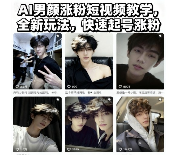 AI男颜涨粉短视频教学，全新玩法，快速起号涨粉-泡泡网赚