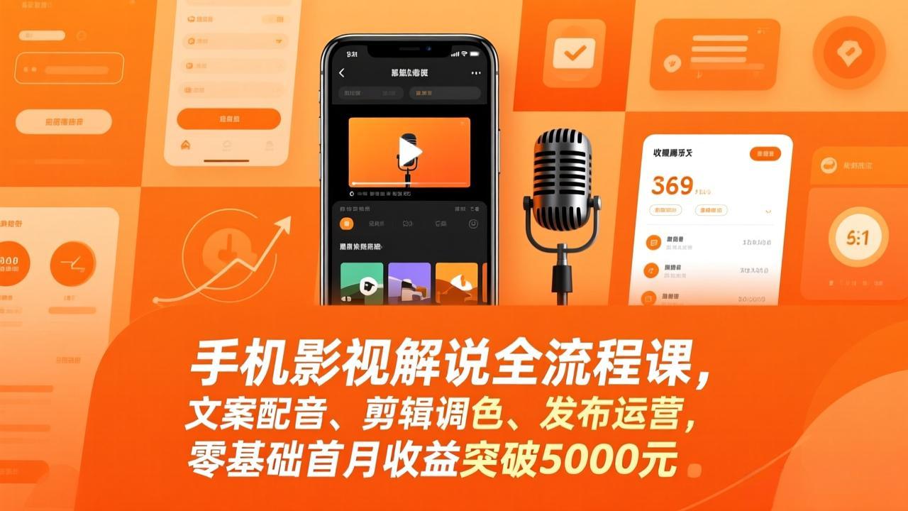 手机影视解说全流程课，文案配音、剪辑调色、发布运营，零基础首月收益突破5000元-泡泡网赚
