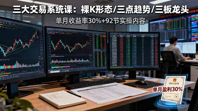 三大交易系统课：裸K形态/三点趋势/三板体系，单月收益率30%+92节实操内容-泡泡网赚