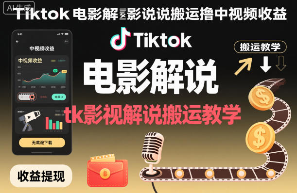 Tiktok电影解说搬运撸中视频收益，tk影视解说搬运教学-泡泡网赚