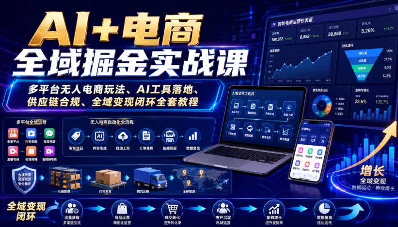 AI+电商全域掘金实战课｜多平台无人电商玩法、AI工具落地、供应链合规、全域变现闭环全套教程-泡泡网赚
