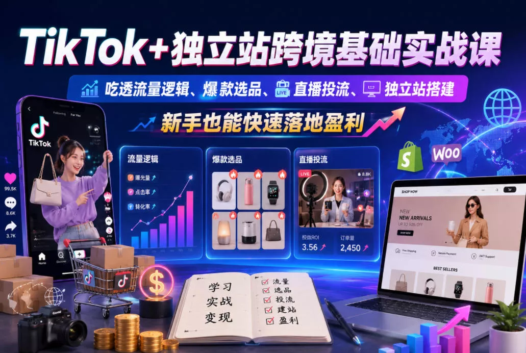 TikTok+独立站跨境基础实战课，吃透流量逻辑、爆款选品、直播投流与独立站搭建，新手也能快速落地盈利-泡泡网赚
